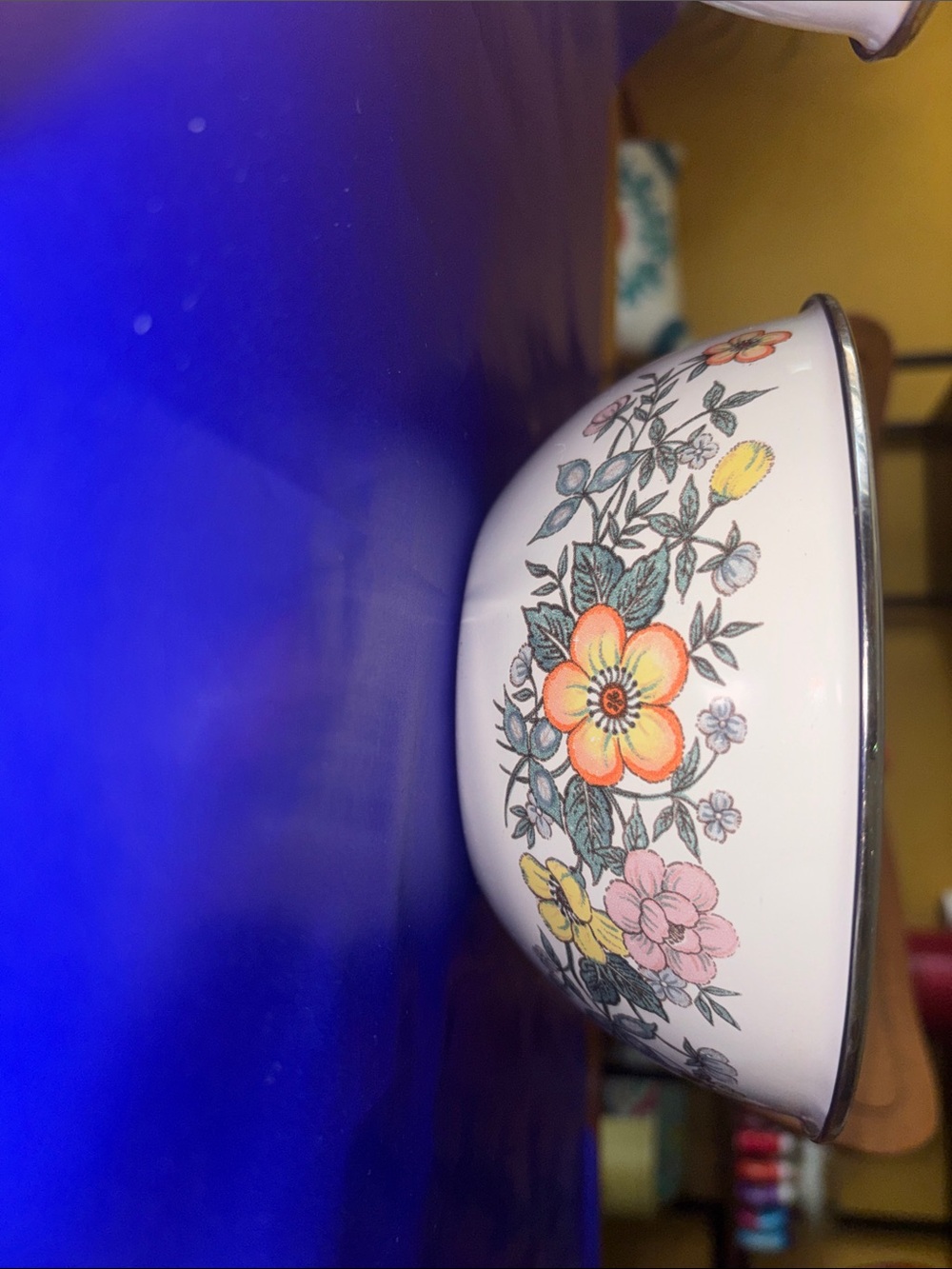 Vintage White Floral Enamel Mixing Bowls with Yellow, Pink, Orange Flowers - Picture 3 of 6